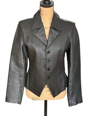 Vintage 90s Santa Fe Black Leather Tailored Button Jacket for Women size Small